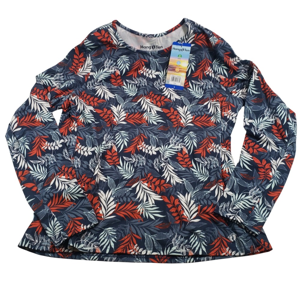 Hang Ten Blue Tropical Leaf Rash Guard‎ UPF 50+ Quick Dry Long Sleeve L